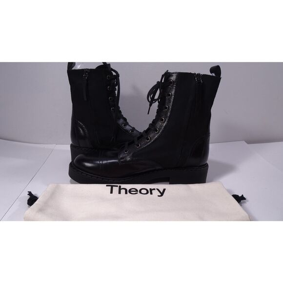 Theory Women's Laced Boot Combat Nylon Leather Booites Black NIB 598 Sz 40 - Picture 5 of 16